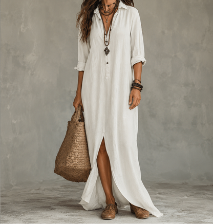 Women's Linen Shirt Dress – Long Sleeve Maxi Dress with Buttons