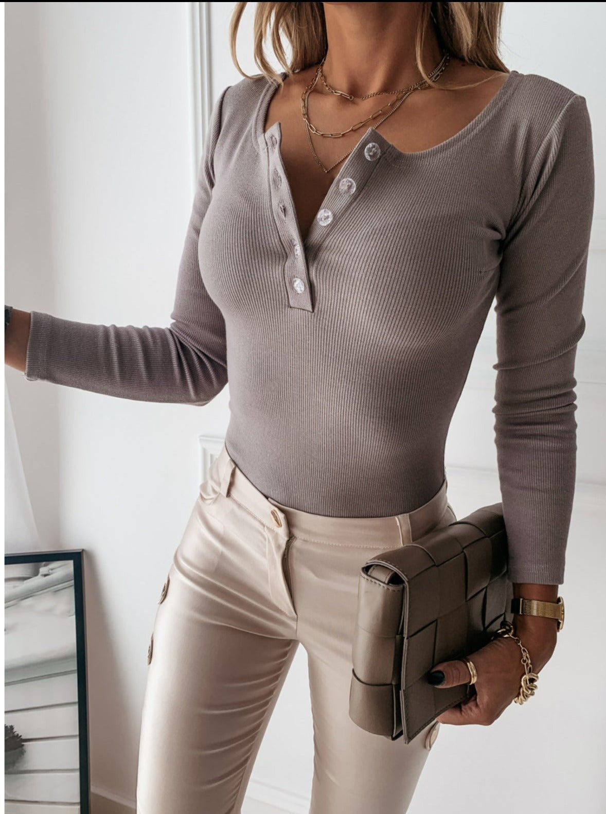 Ribbed Henley Top – Button Front Long Sleeve