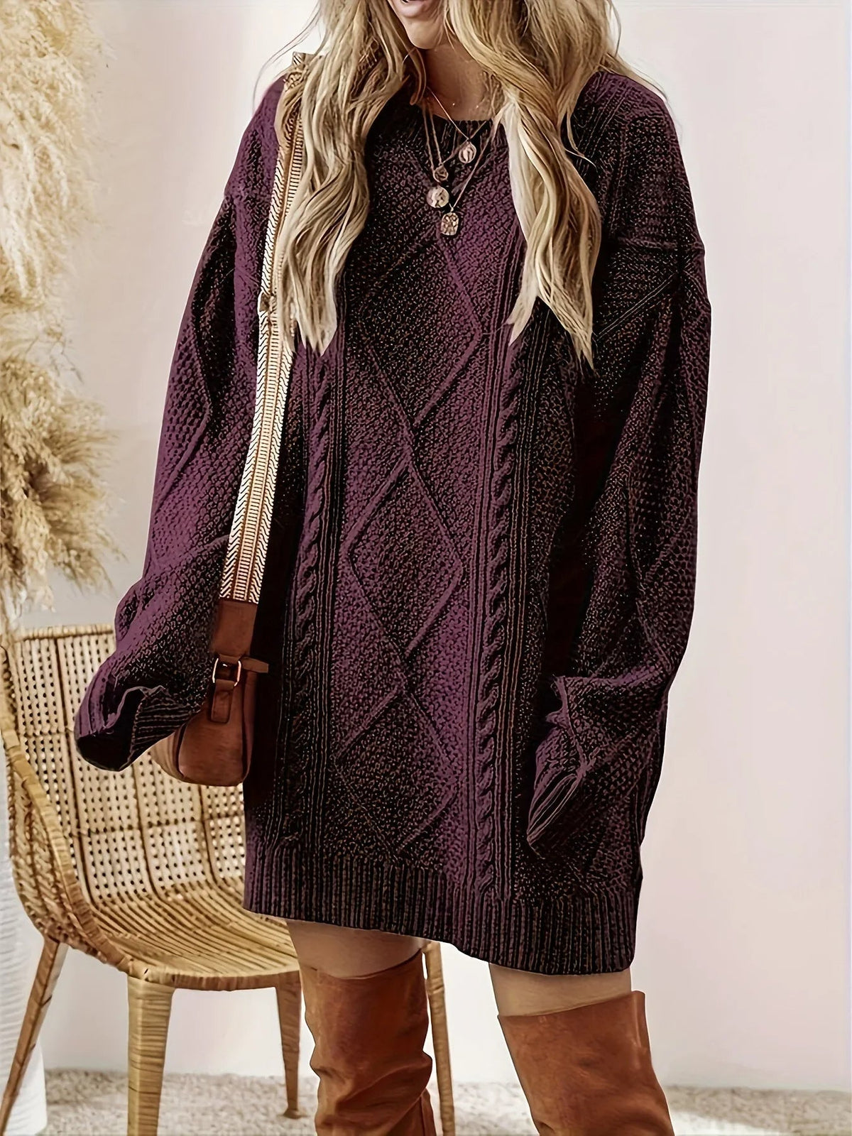 Women's Cable Knit Jumper Dress – Oversized Balloon Sleeve Dress