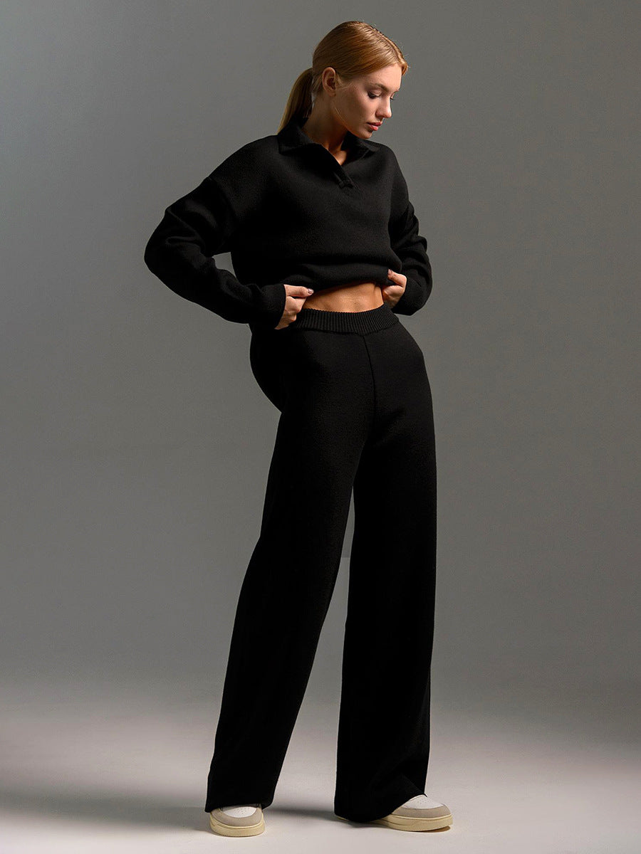 Women's Knit Polo Jumper & Wide Leg Trousers Set