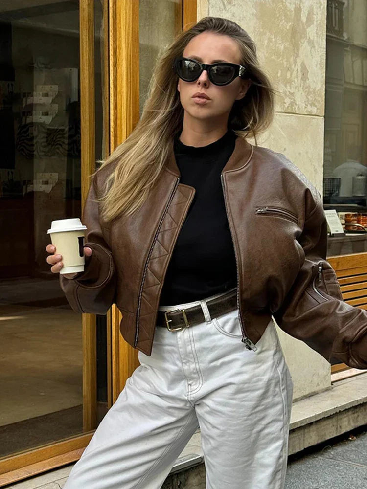 Women's Brown Faux Leather Bomber Jacket – Cropped Vintage Style