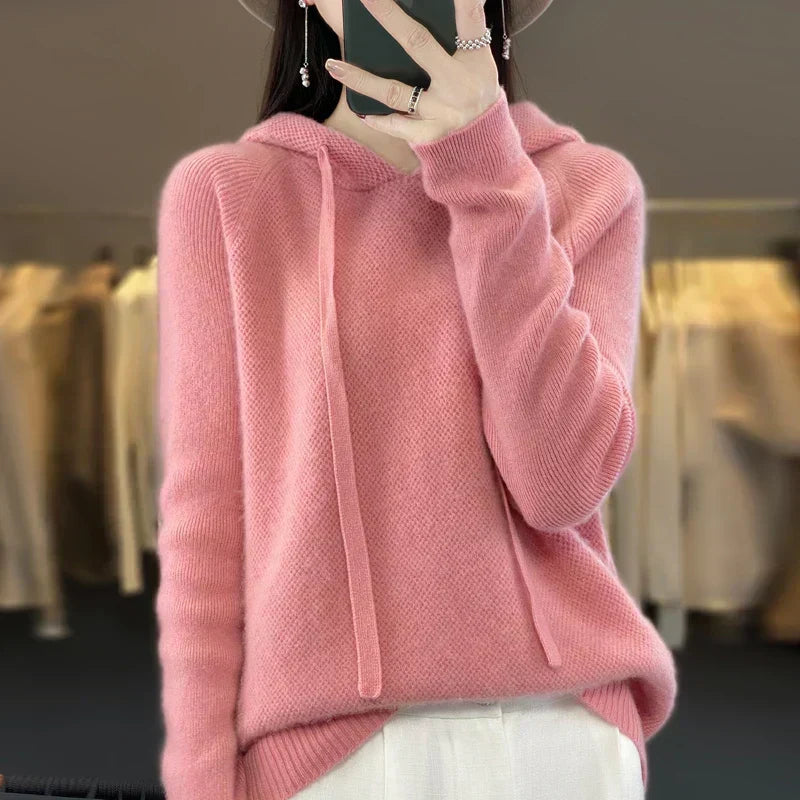 Women's Knit Hooded Jumper – Drawstring Honeycomb Pullover