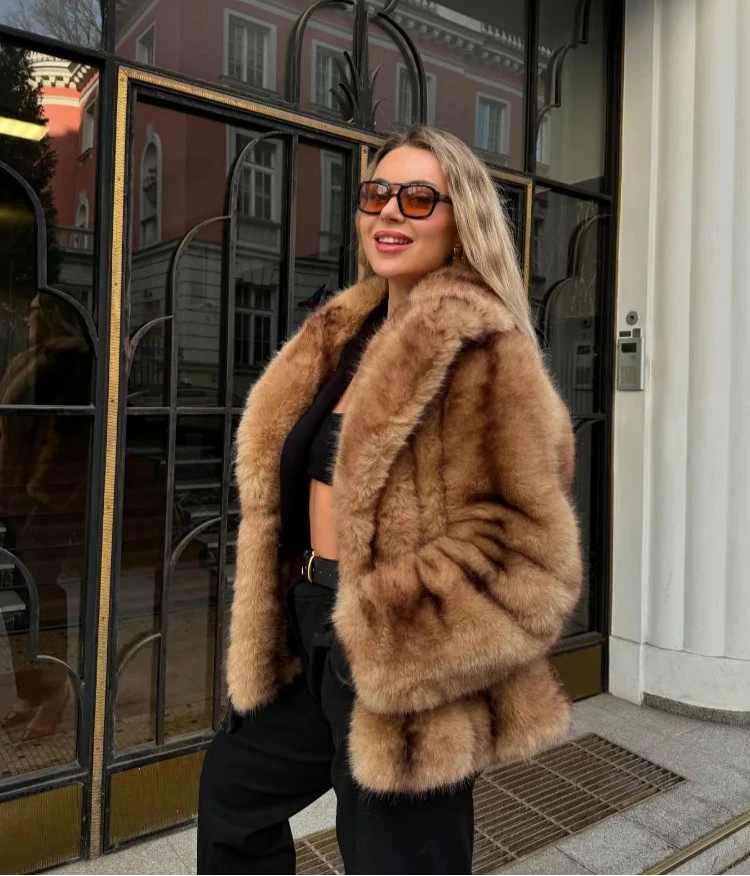 Women's Camel Faux Fur Oversized Coat with Turn-Down Collar