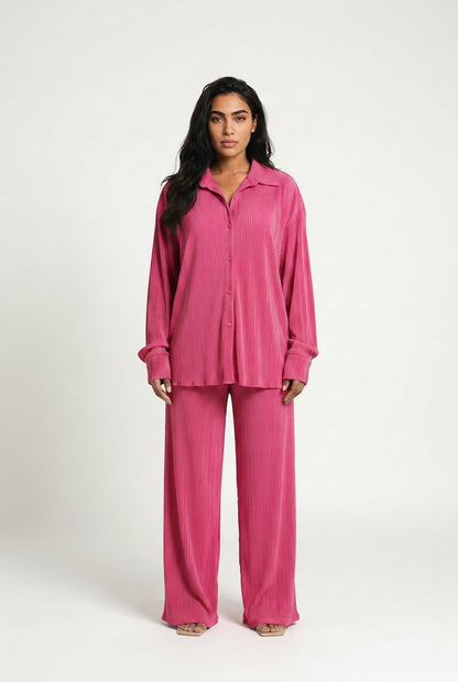 Women's Plisse Co-ord Set – Oversized Shirt & Wide Leg Trousers