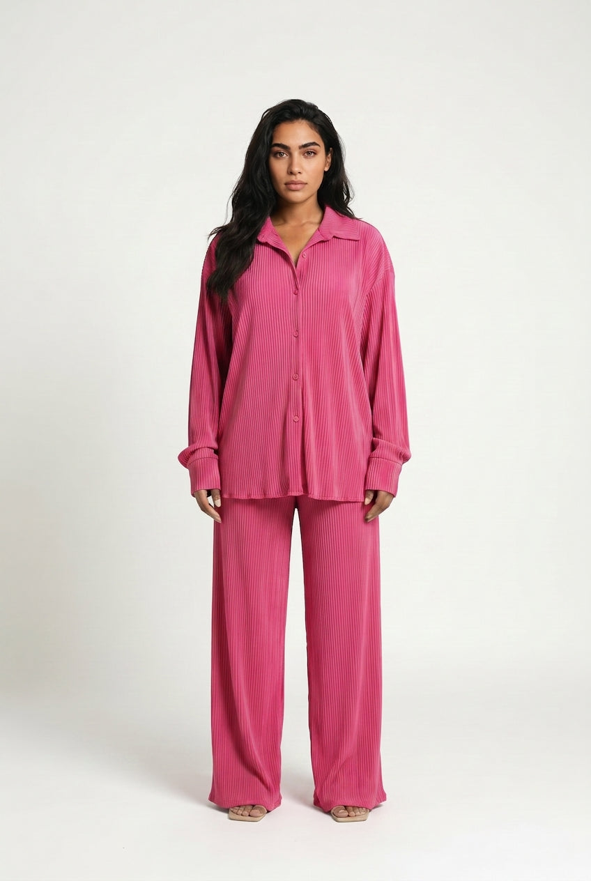 Women's Plisse Co-ord Set – Oversized Shirt & Wide Leg Trousers