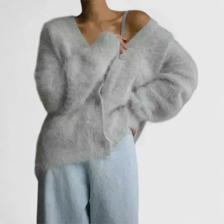 Women's Brushed Knit Cardigan – Oversized V-Neck Fuzzy Cardigan