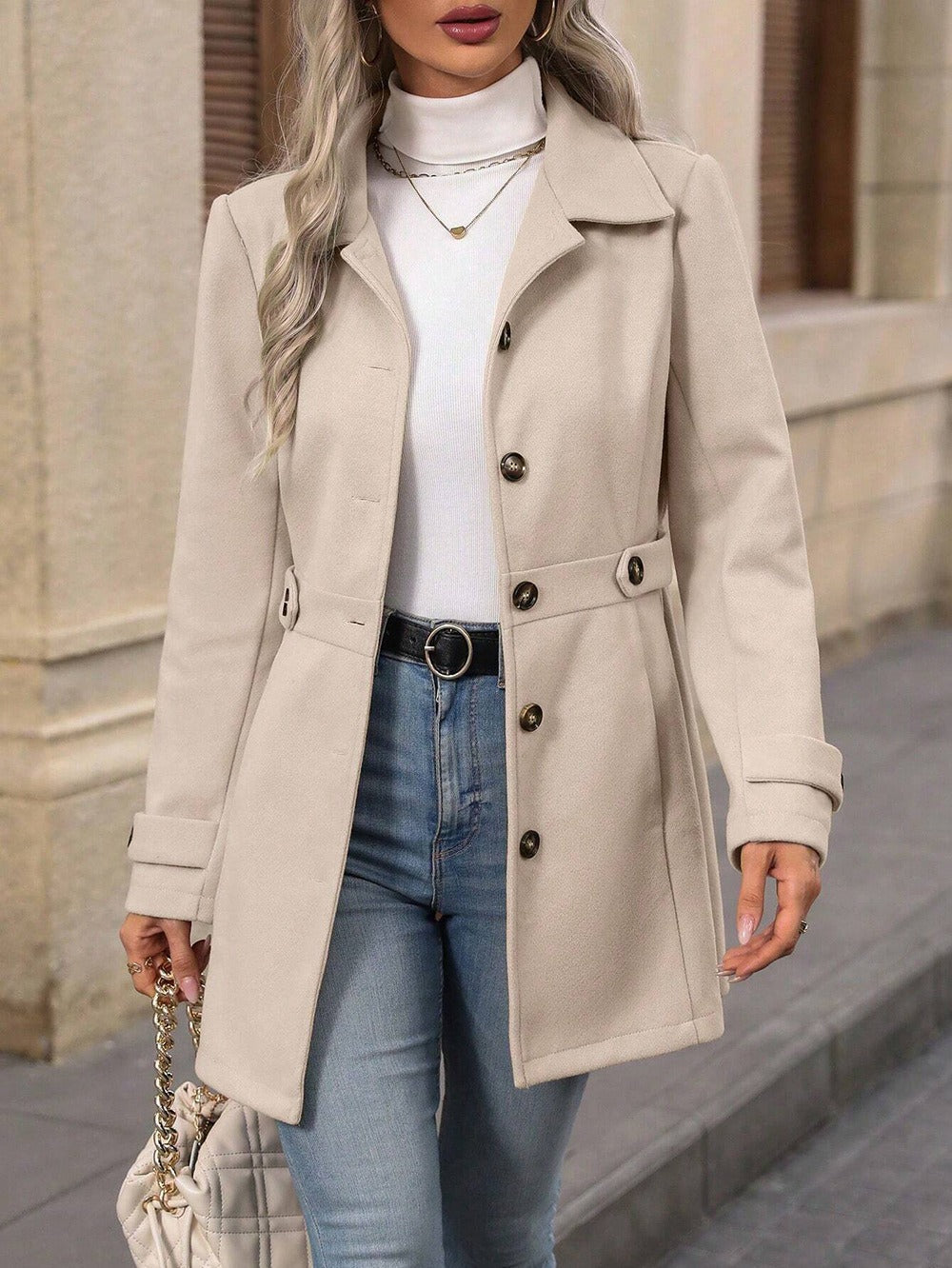 Women's Belted Trench Coat – Single-Breasted Collared Autumn Coat