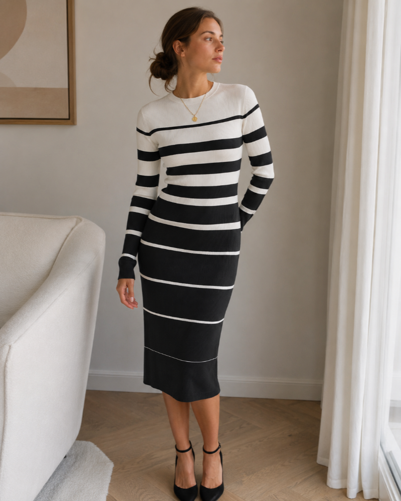 Women's Striped Knit Jumper Dress – Fitted Long Sleeve