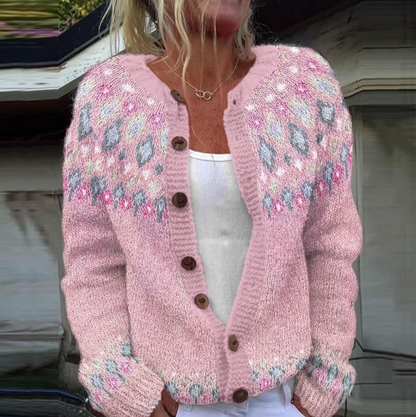 Women's Blush Pink Fair Isle Knit Button-Front Cardigan