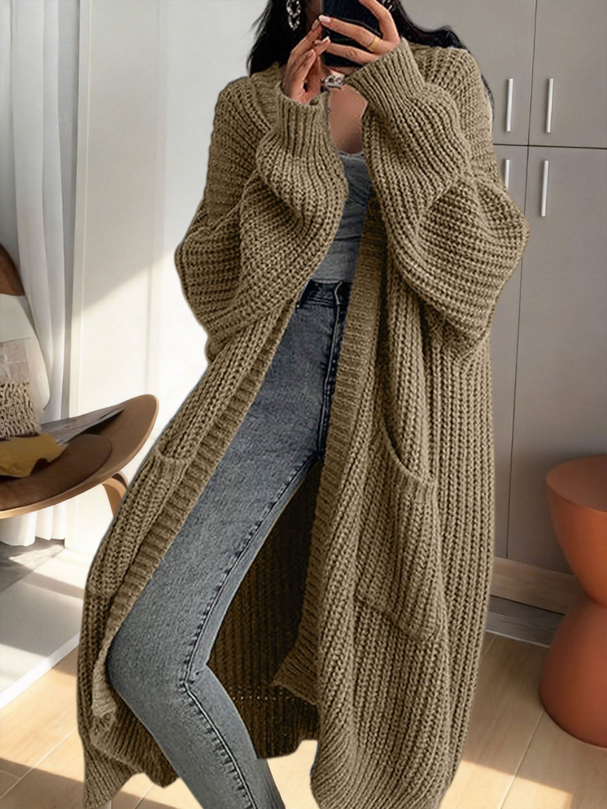 Women's Ribbed Knit Longline Duster Cardigan with Pockets