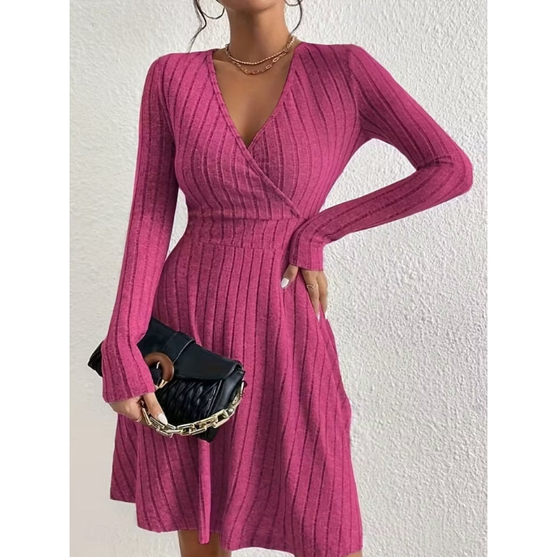 Women's Ribbed Wrap Neck A-Line Dress – Knee-Length Knit Dress