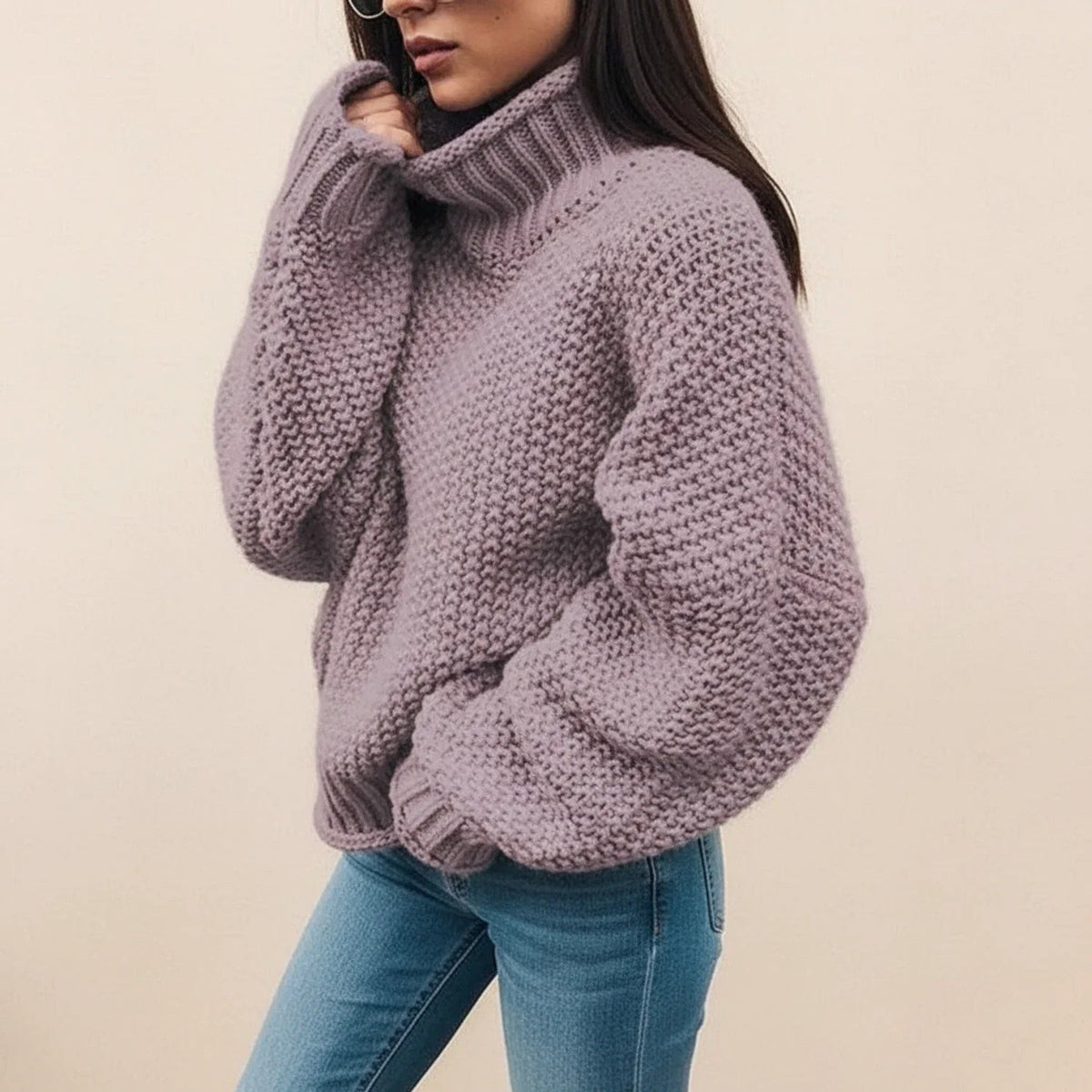 Women's Chunky Knit Jumper – Balloon Sleeve Roll Neck