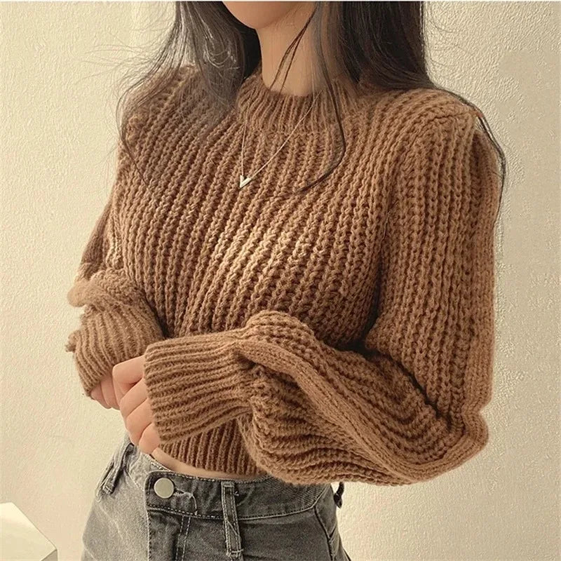 Women's Cream Cropped Chunky Knit Jumper – Lantern Sleeve