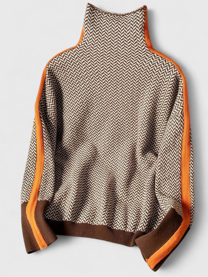 Women's Herringbone Knit Jumper – Colour-Block Roll Neck Sweater