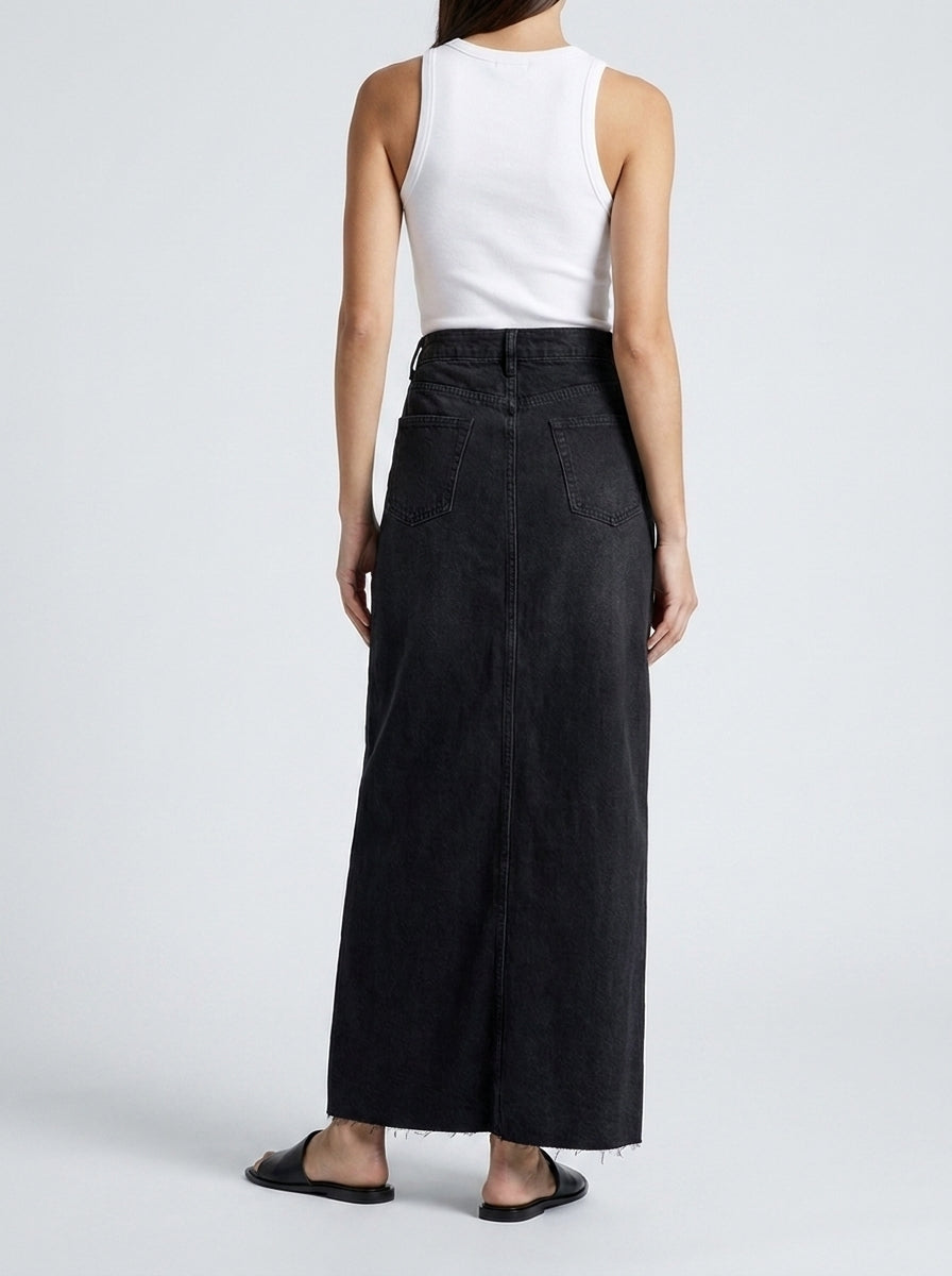 Women's Denim Maxi Skirt – High Waist A-Line Frayed Hem