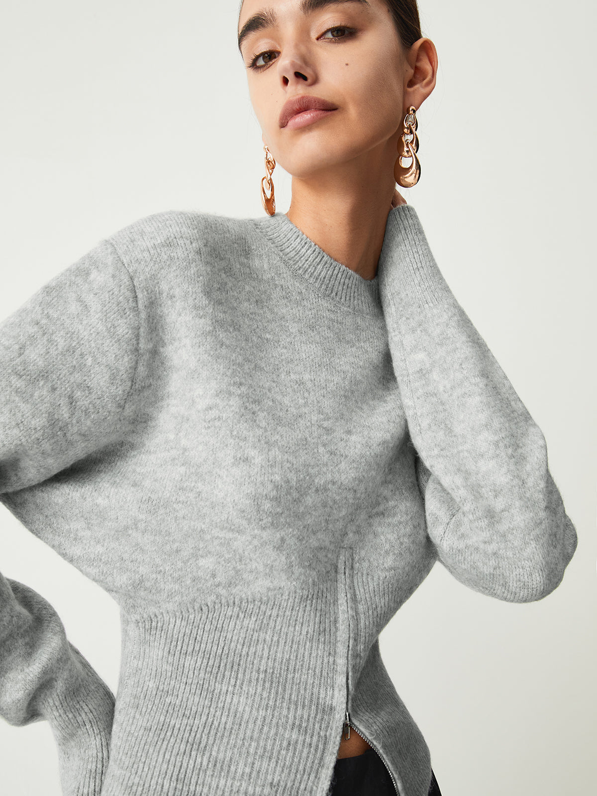Women's Grey Half Zip Knit Jumper – Fitted Waist Ribbed Hem