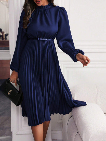 Women's Pleated Midi Dress – High Neck Long Sleeve