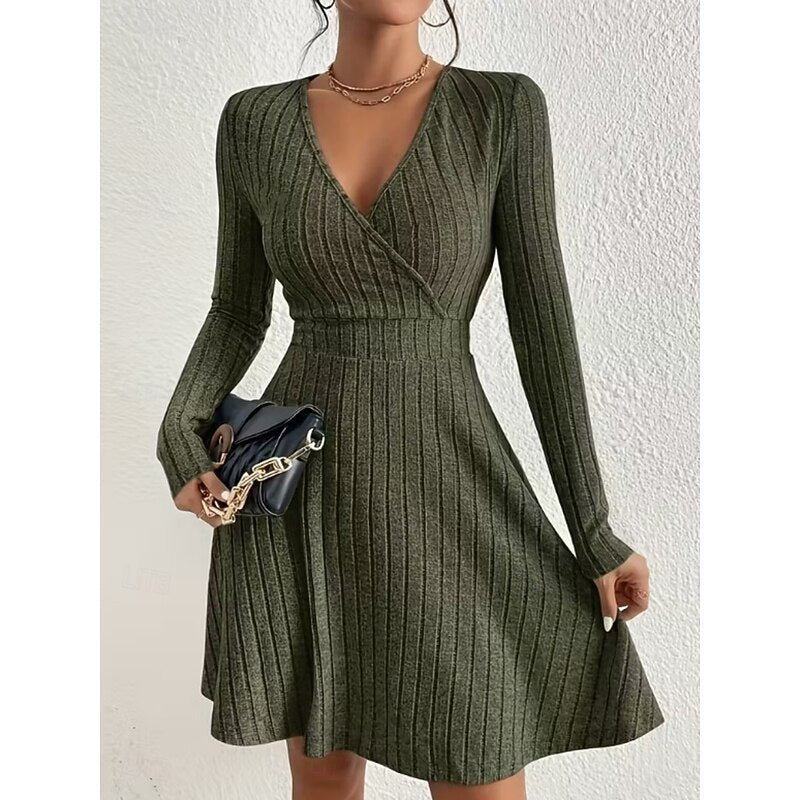 Women's Ribbed Wrap Neck A-Line Dress – Knee-Length Knit Dress