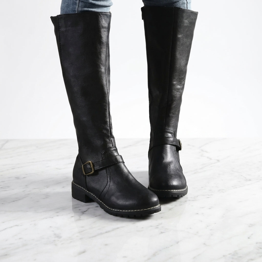 Women's Faux Leather Knee-High Boots – Buckle Detail Block Heel