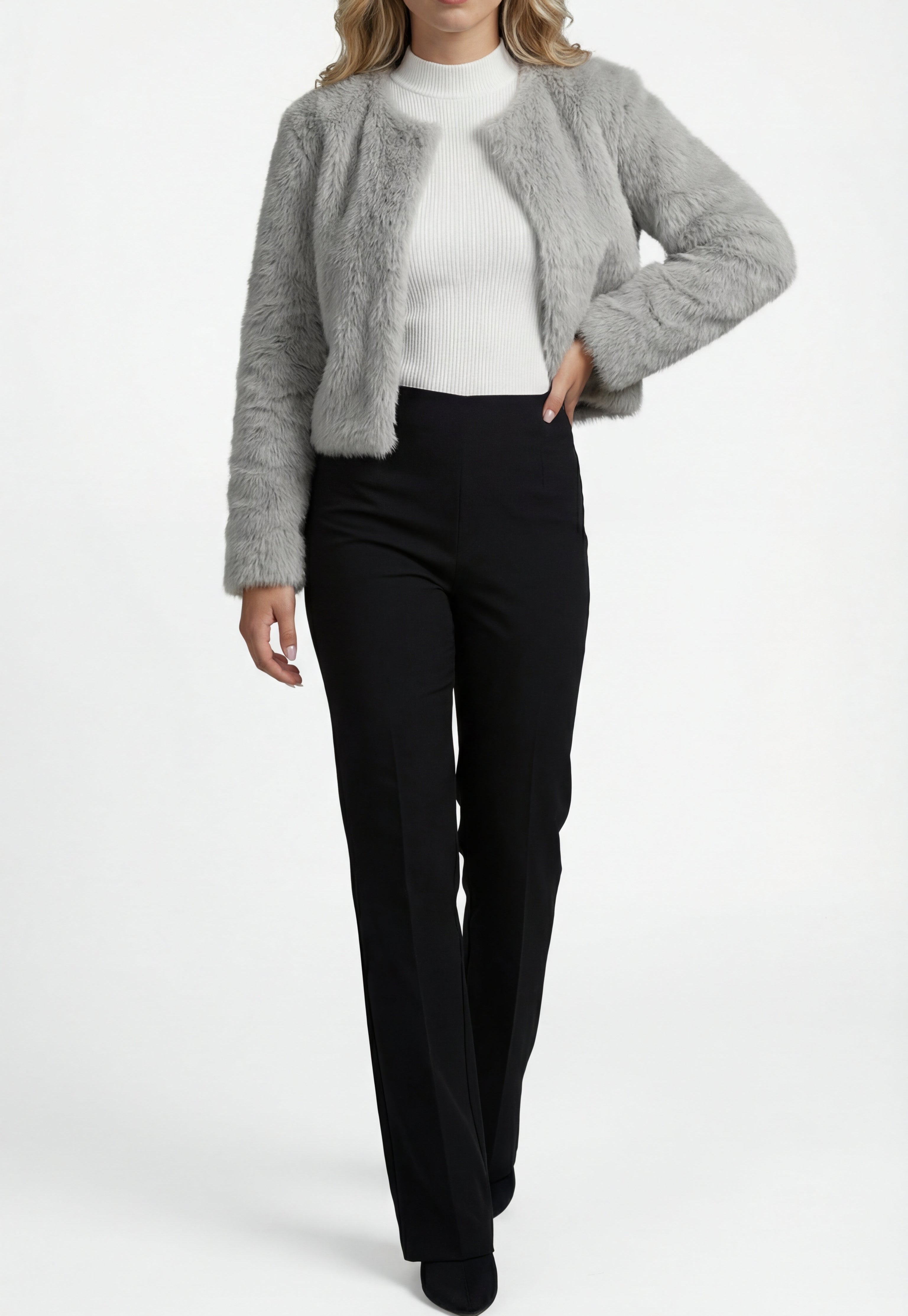 Women's Cropped Faux Fur Jacket – Collarless Evening Cover-Up