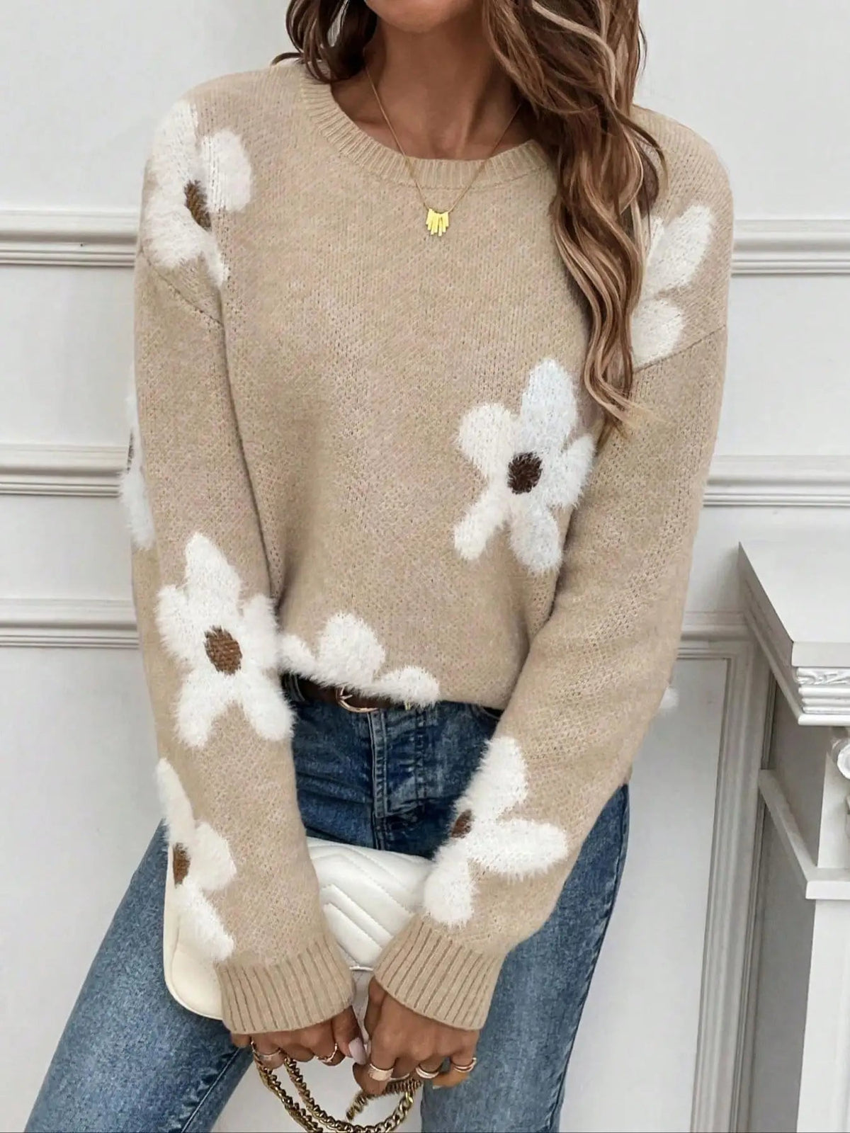 Women's Camel Floral Knit Jumper – Round Neck Winter Sweater