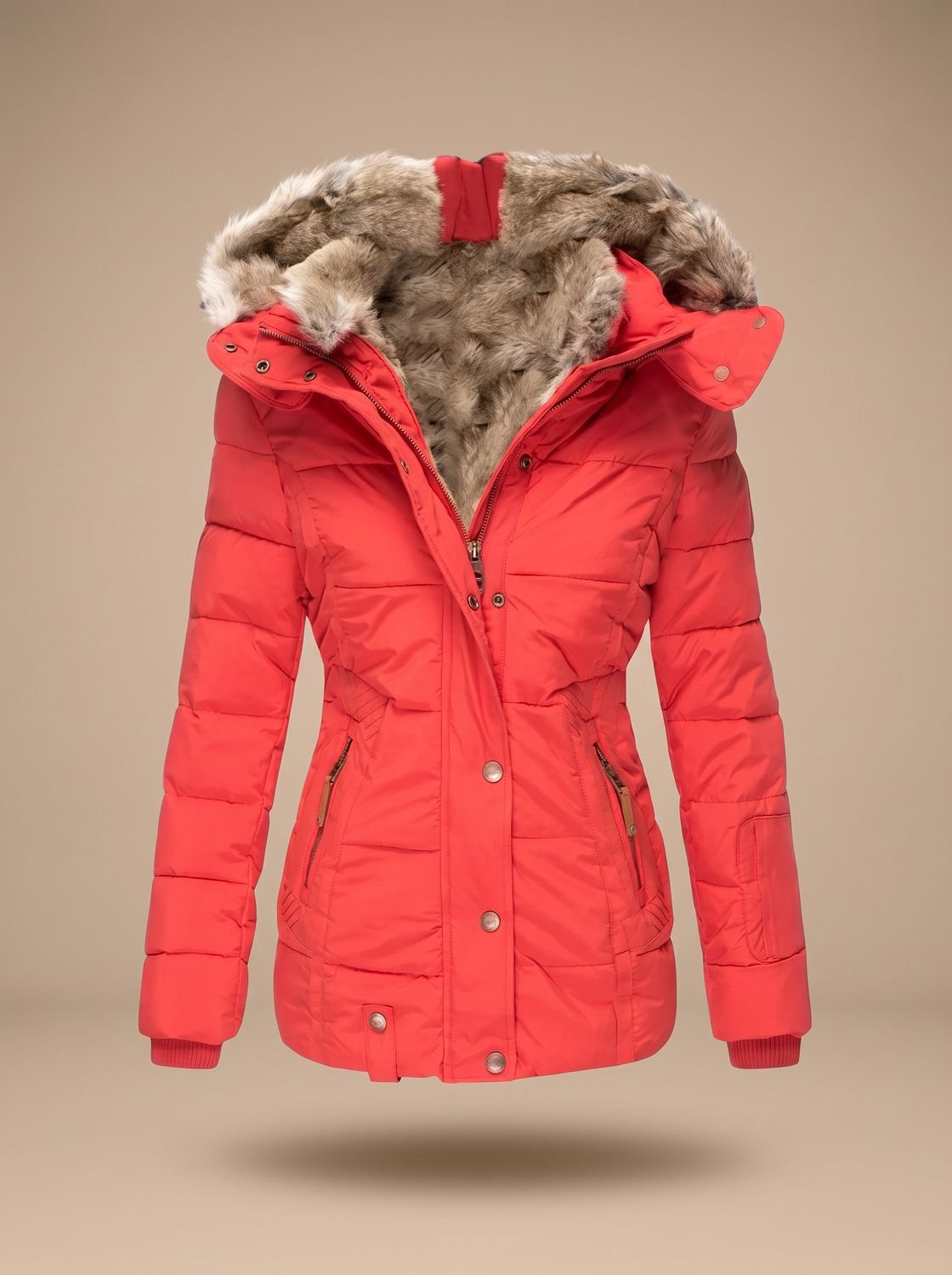 Women's Faux Fur Hood Quilted Puffer Coat – Red
