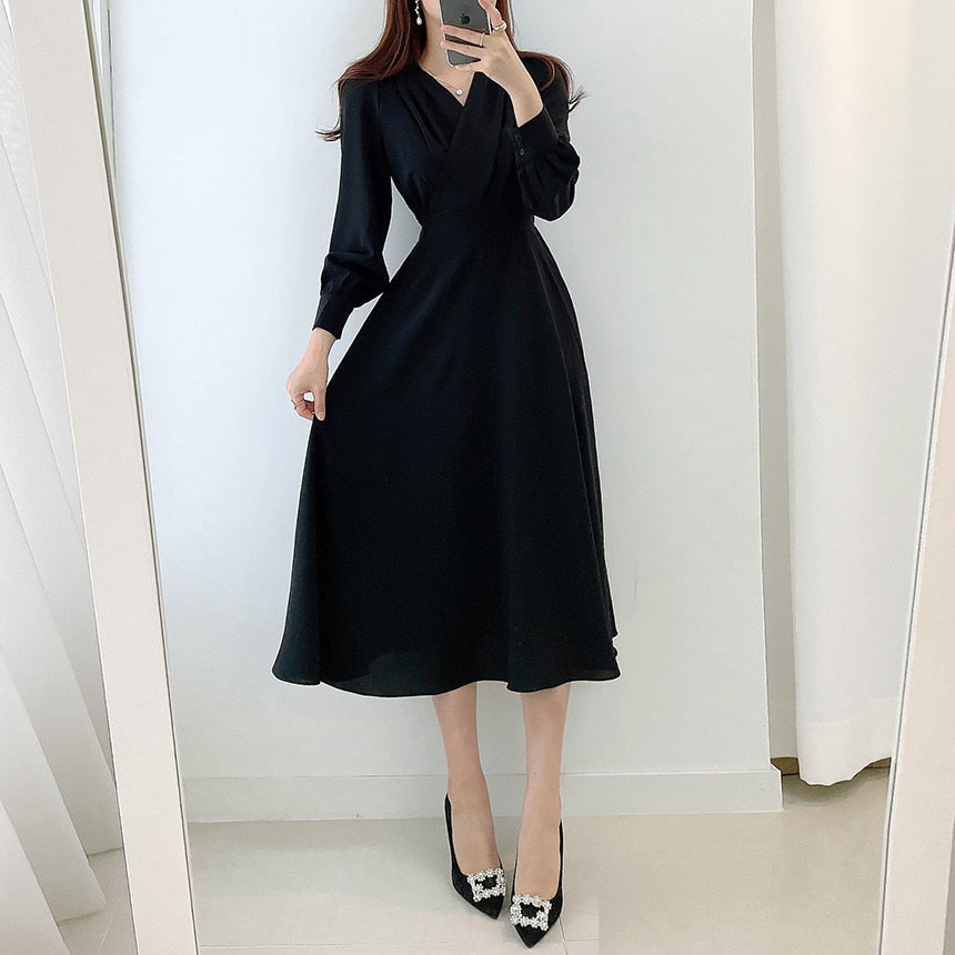 Women's V-Neck Puff Sleeve A-Line Midi Dress