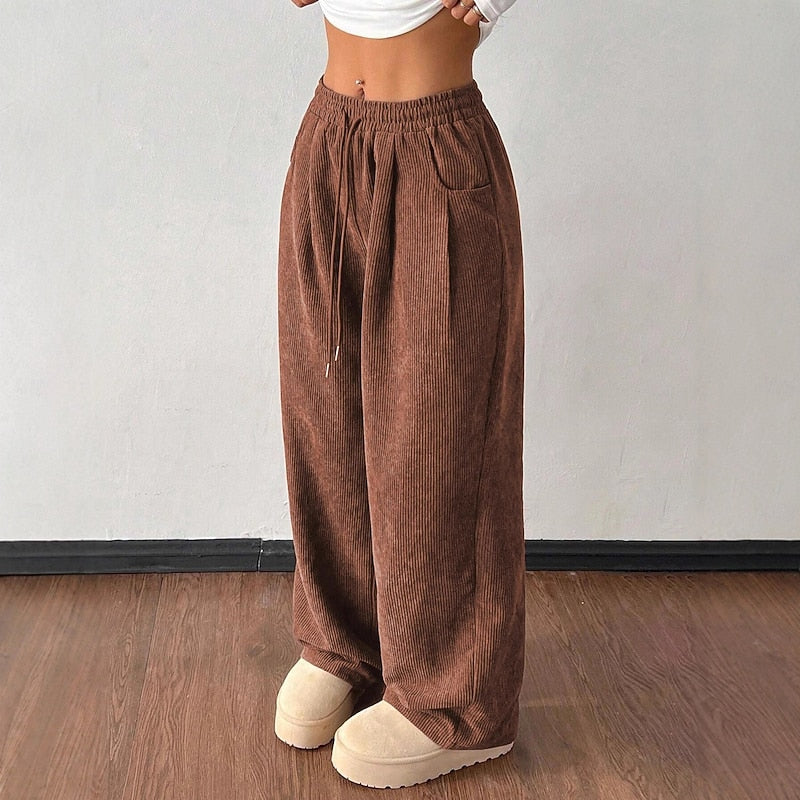 Women's Corduroy Wide Leg Trousers with Drawstring Waist