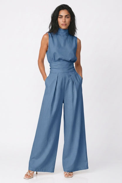 Women's Wide Leg Jumpsuit – Sleeveless High Neck Linen Jumpsuit