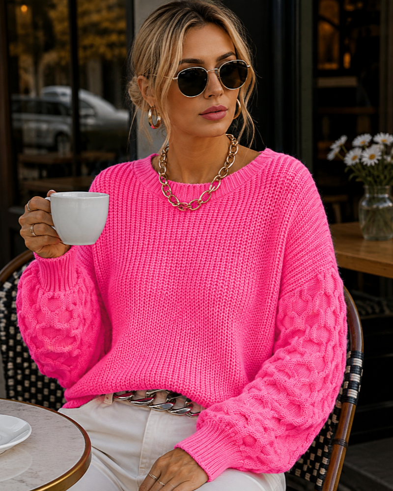 Women's Chunky Knit Jumper – Bubble Sleeve Round Neck