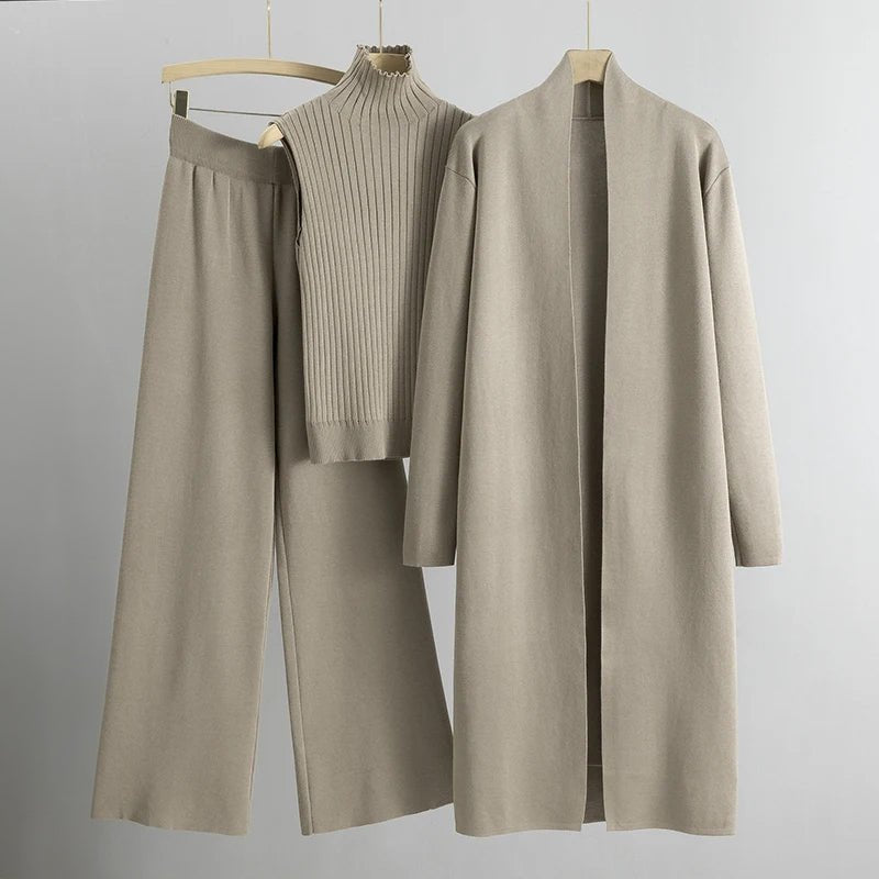 Women's Knit Co-ord Set – Longline Cardigan, Jumper & Wide Leg Trousers