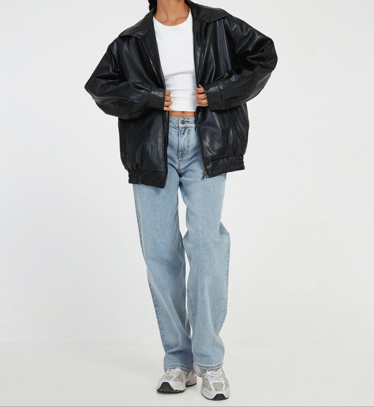 Brown Oversized Leather Bomber Jacket Women | Faux Leather Zip Up Aviator Jacket