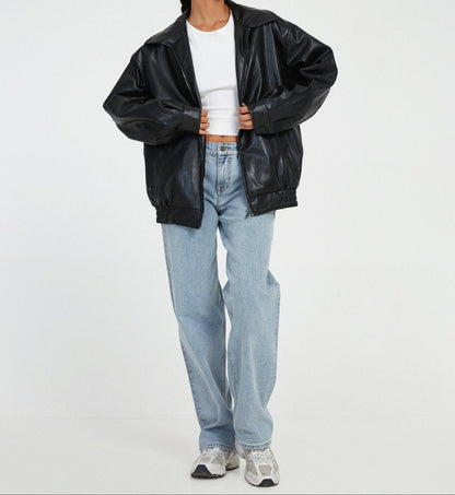 Brown Oversized Leather Bomber Jacket Women | Faux Leather Zip Up Aviator Jacket
