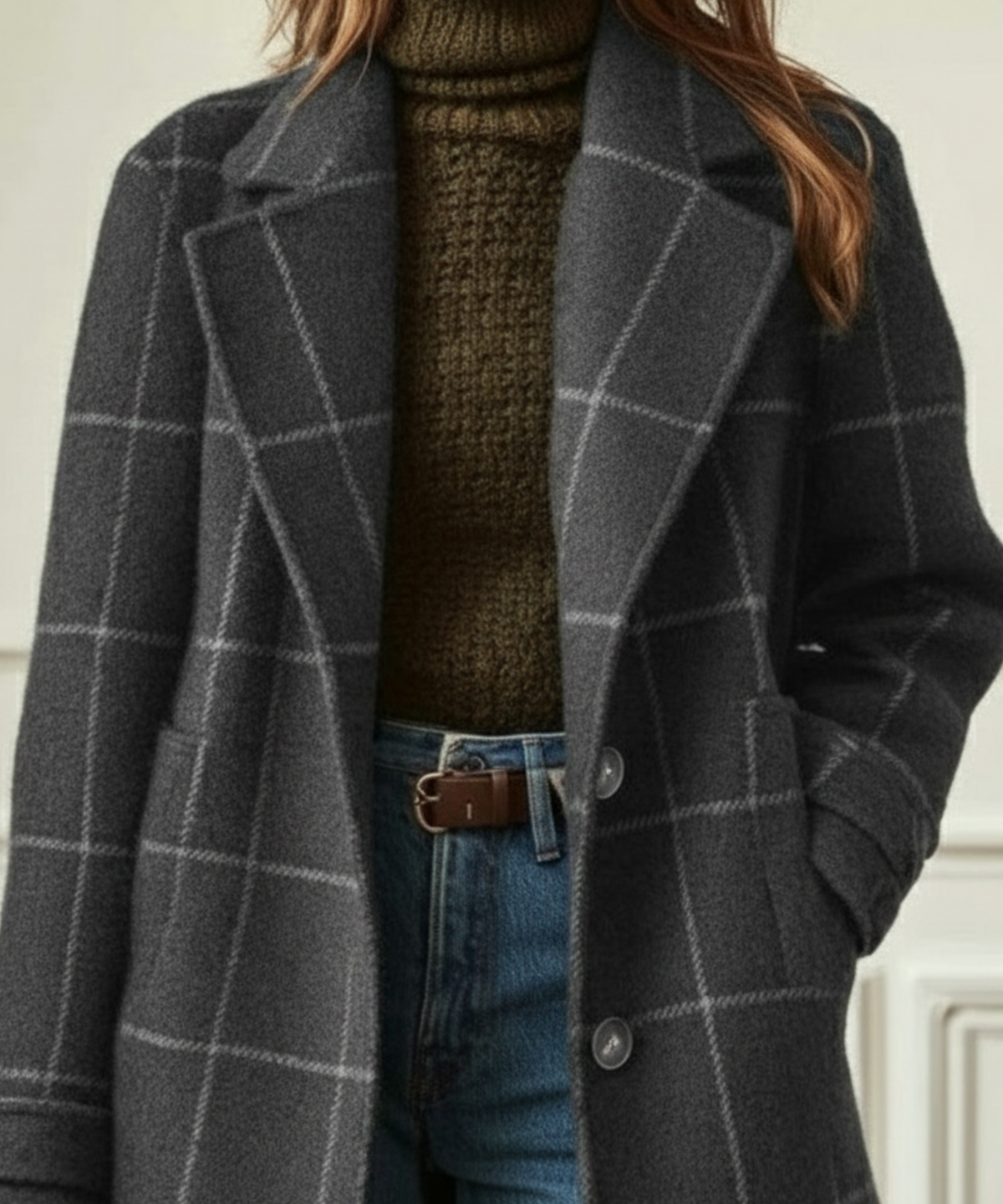 Women's Wool Check Coat – Lapel Collar