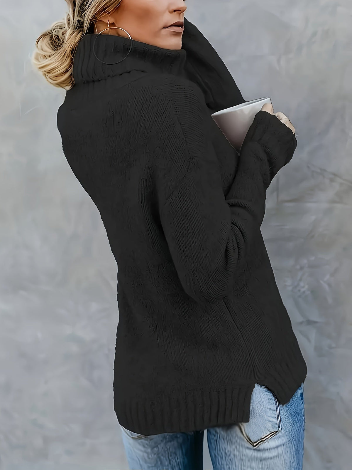 Women's Cowl Turtleneck Jumper – Split Hem Knit Sweater