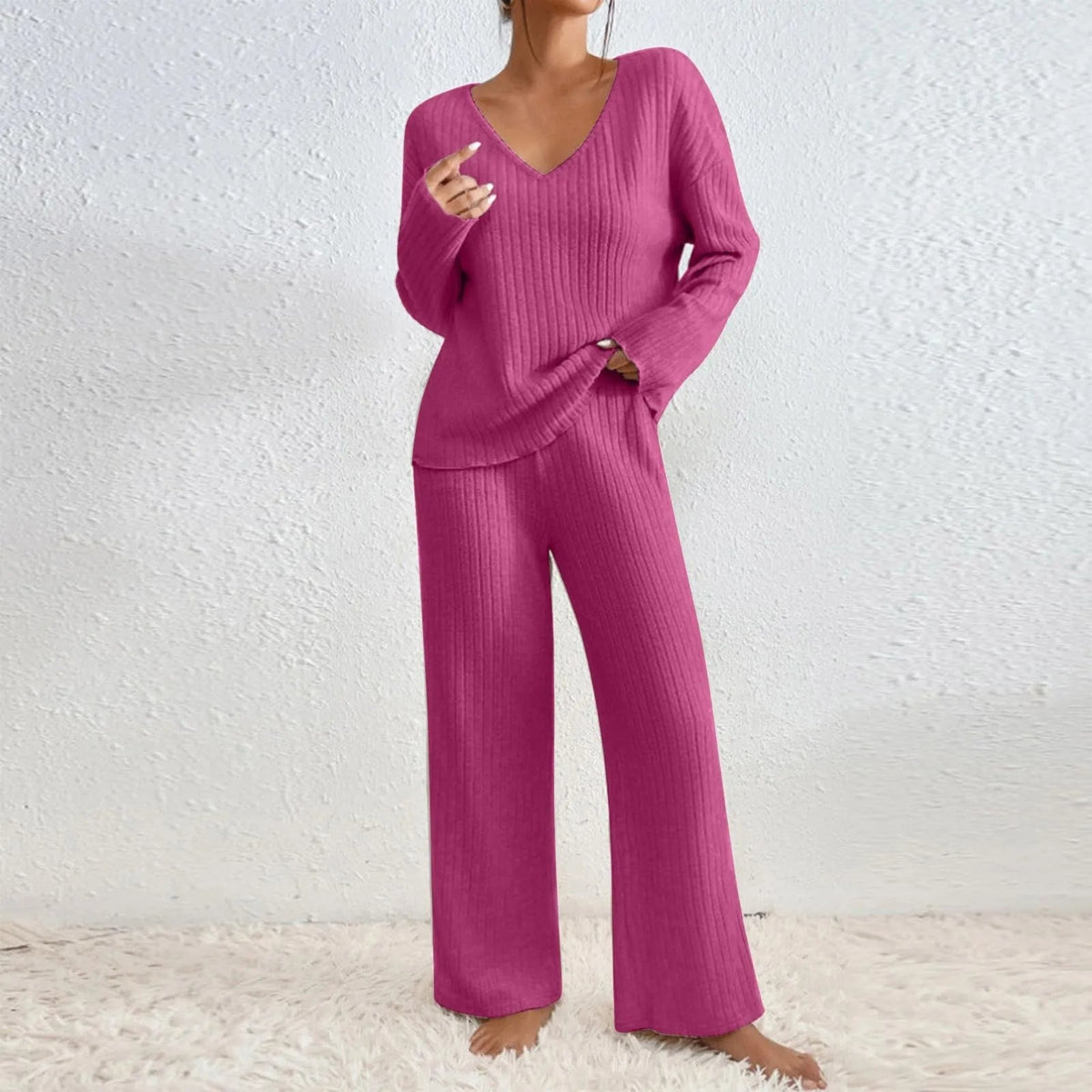 Women's Ribbed Knit Lounge Set – V-Neck Wide Leg Co-ord