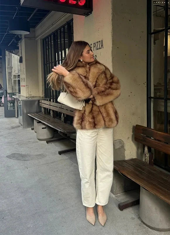 Women's Camel Faux Fur Oversized Coat with Turn-Down Collar