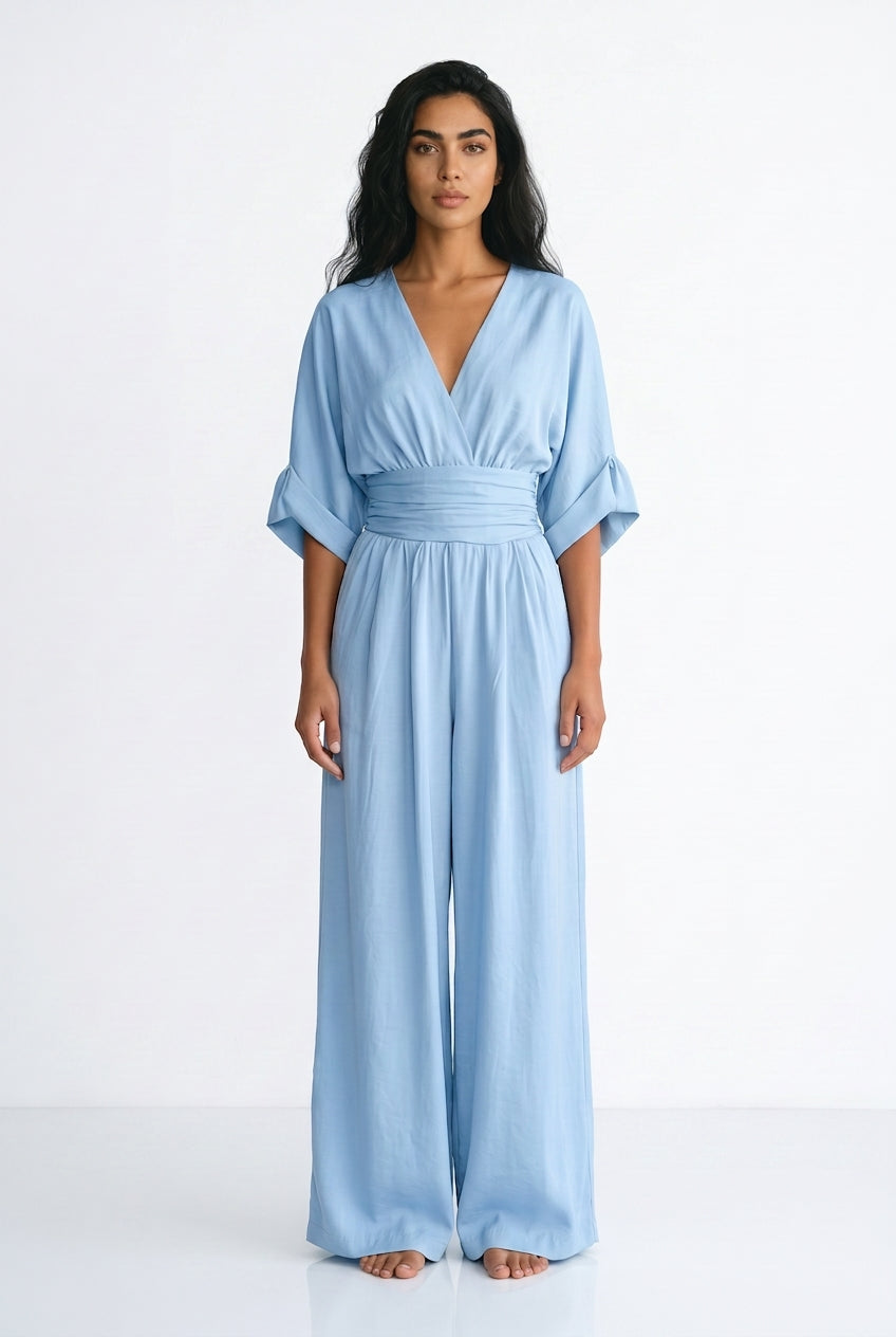 Women's Wide Leg Jumpsuit – V-Neck Belted Occasion