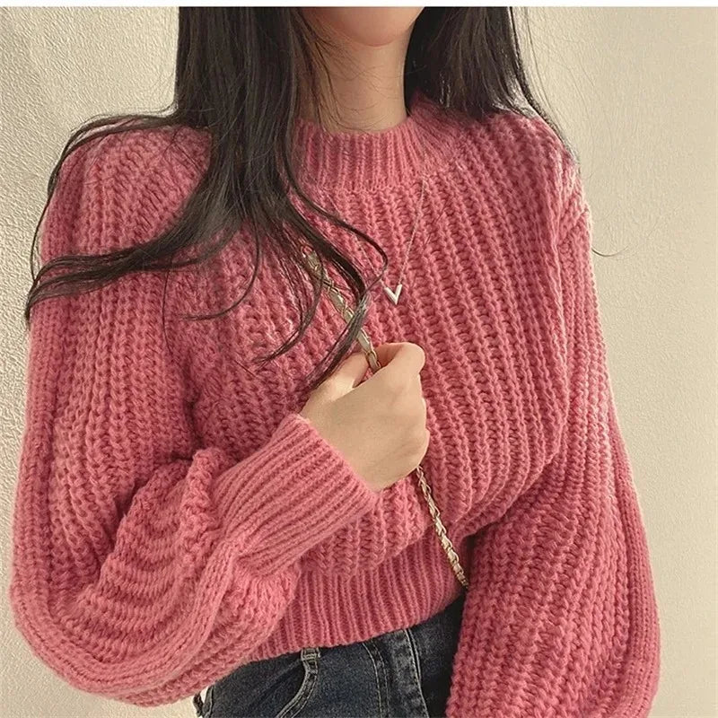Women's Cream Cropped Chunky Knit Jumper – Lantern Sleeve