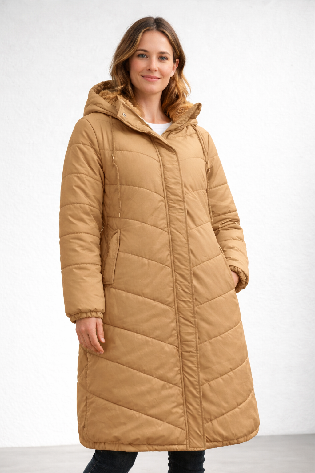 Women's Navy Quilted Longline Coat with Faux Fur Hood