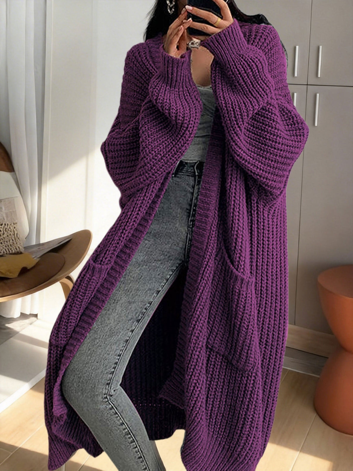 Women's Ribbed Knit Longline Duster Cardigan with Pockets
