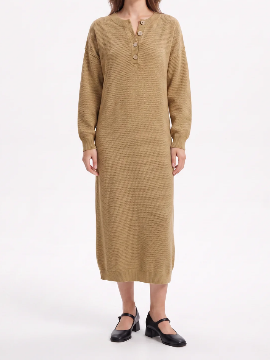 Women's Knit Button-Neck Jumper Dress – Long Sleeve