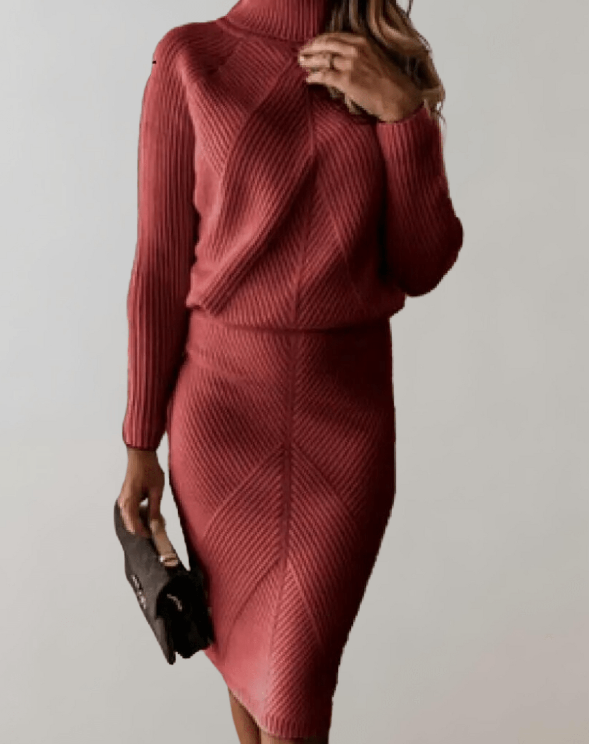 Women's Ribbed Knit Turtleneck Co-ord – Fitted Midi Skirt Set
