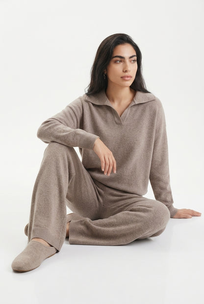 Women's Knitted Co-ord Set – Polo Collar & Wide Leg Trousers