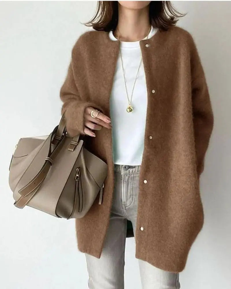 Women's Fluffy Knit Cardigan – Oversized Button-Front