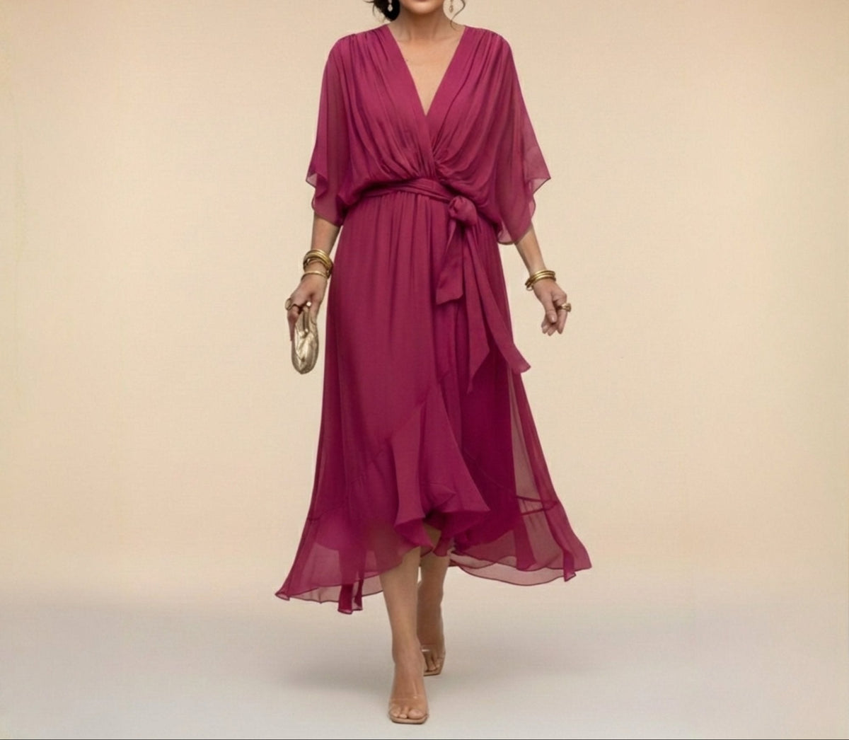 Women's Chiffon Wrap Midi Dress – V-Neck Kimono Sleeve