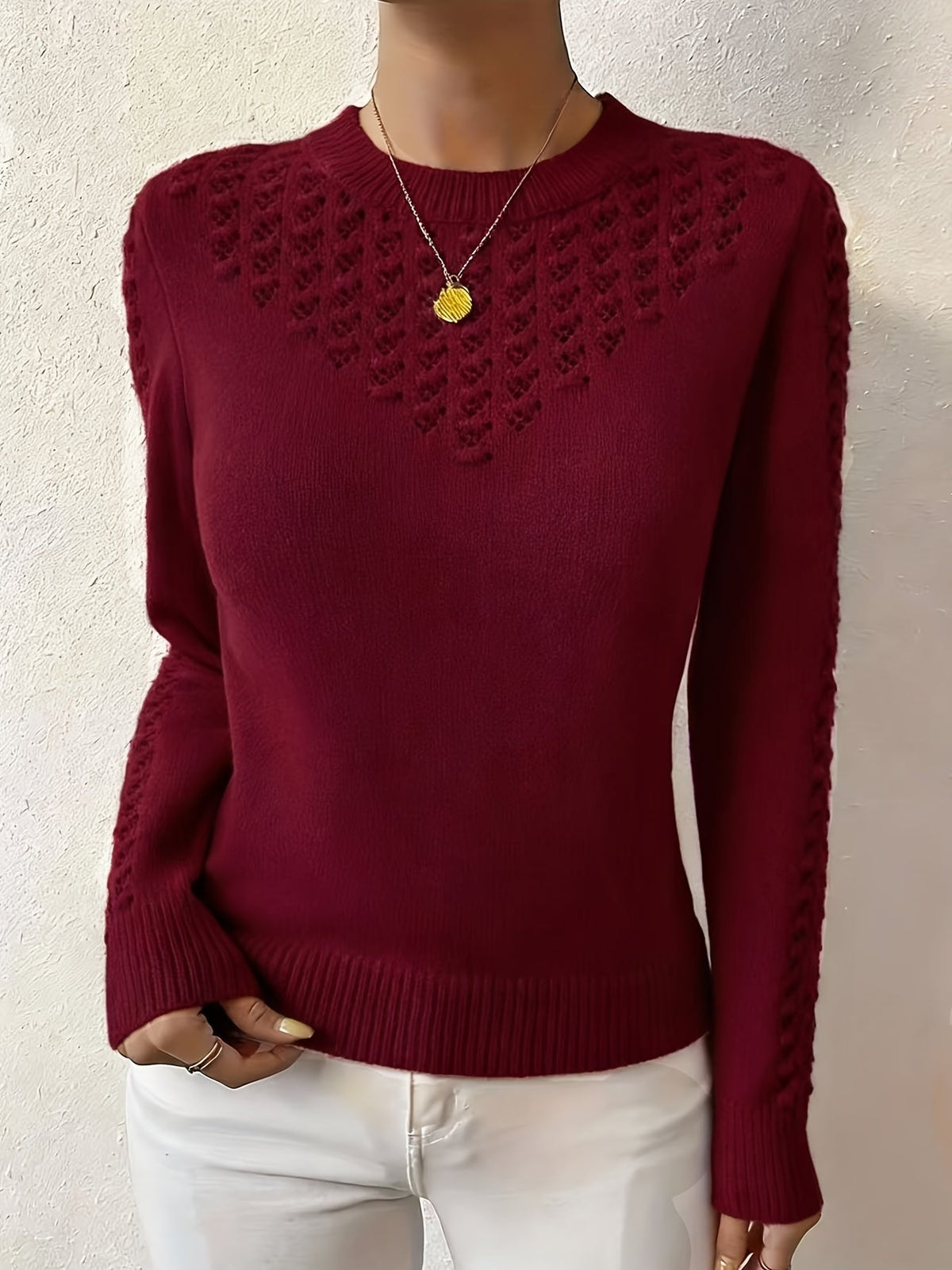 Women's Pointelle Knit Jumper – Crew Neck Sweater