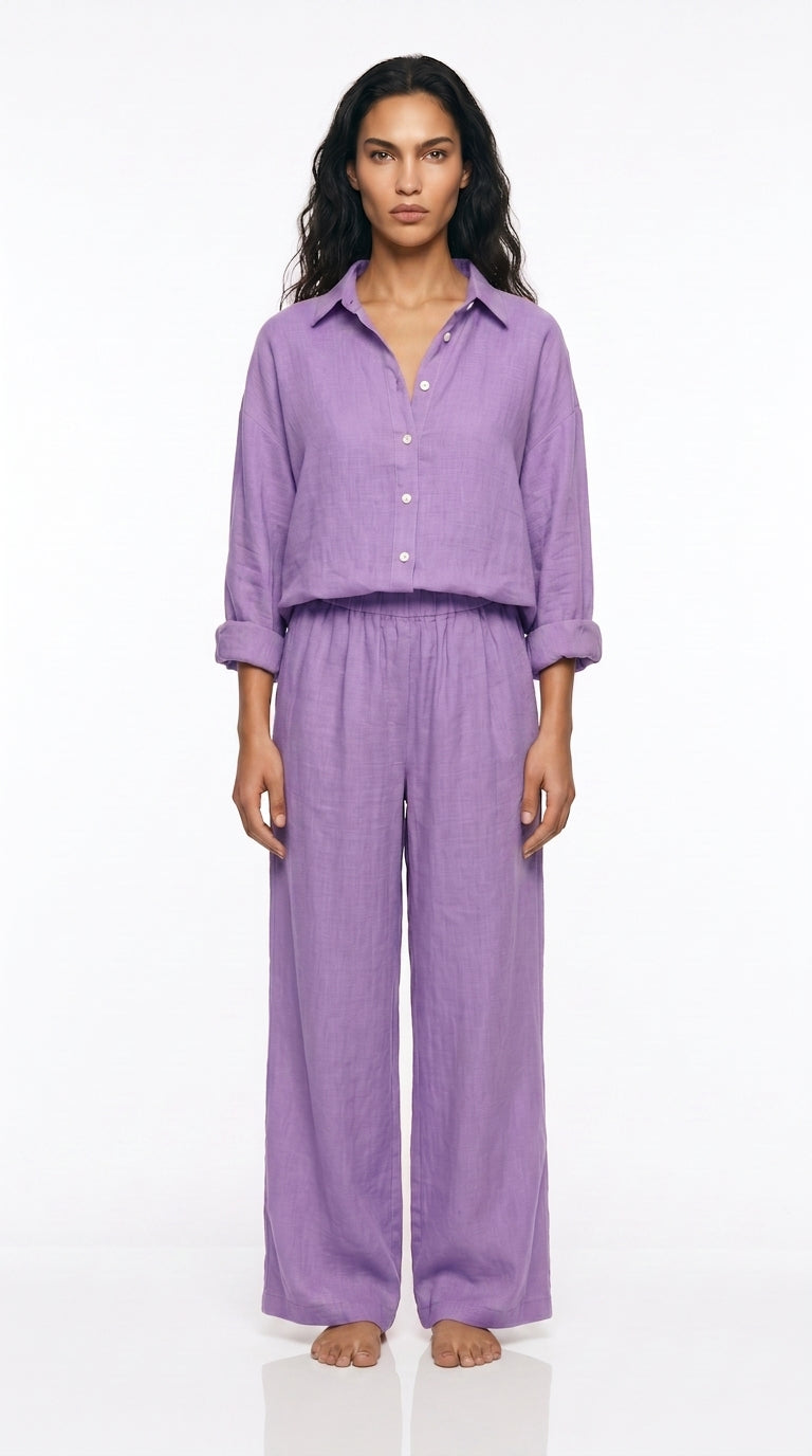 Women's Linen Co-ord Set – Oversized long  Shirt & Wide Leg Trousers