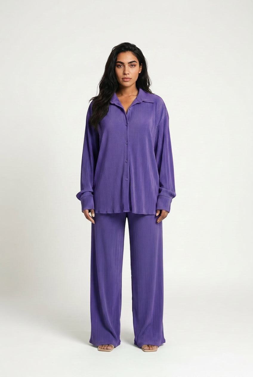 Women's Plisse Co-ord Set – Oversized Shirt & Wide Leg Trousers