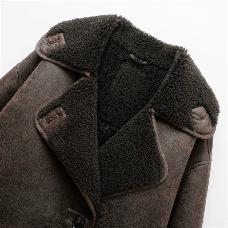 Women's Vintage Shearling-Collar Leather Jacket